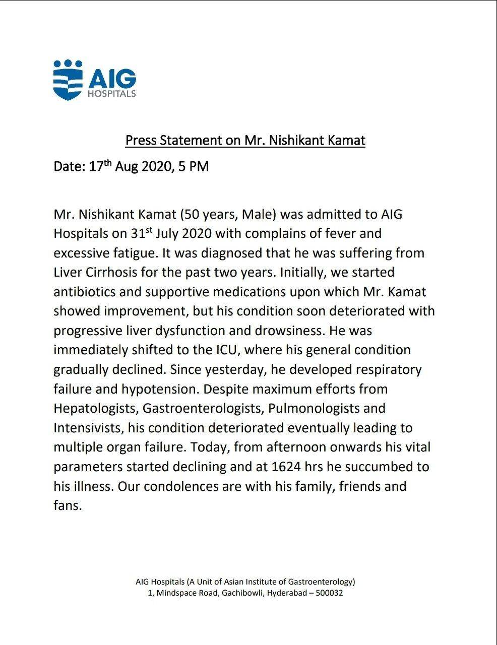 Director Nishikant Kamat passes away at 50